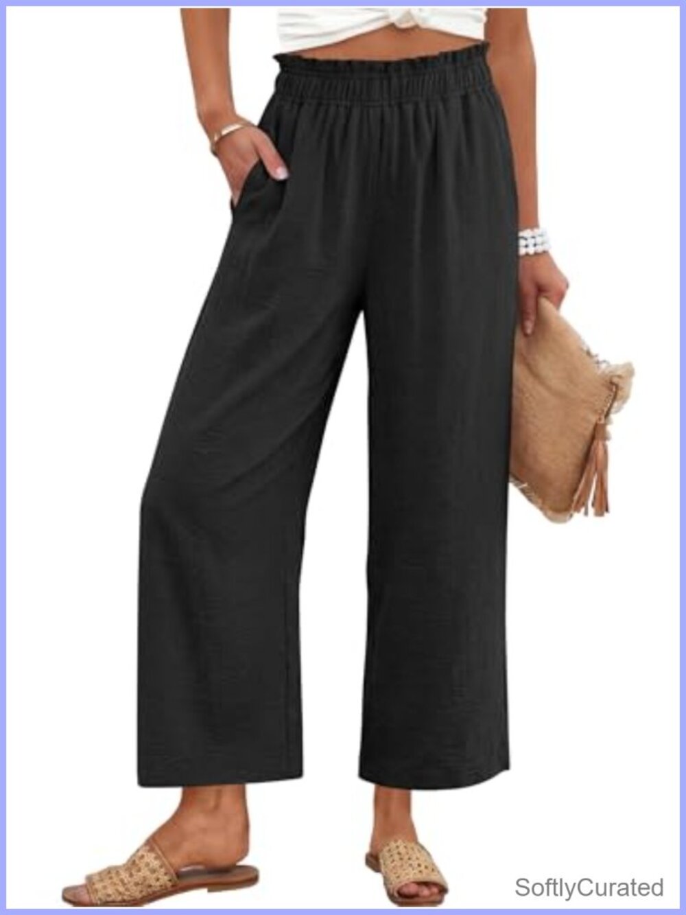 Womens Cropped Wide Leg Palazzo Pants High Rise Pull On Casual